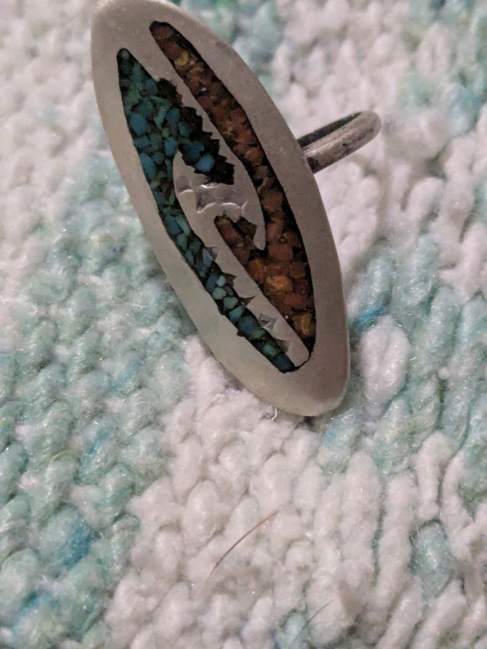 Silver Inlay Oval Ring with Turquoise and Coral Vintage